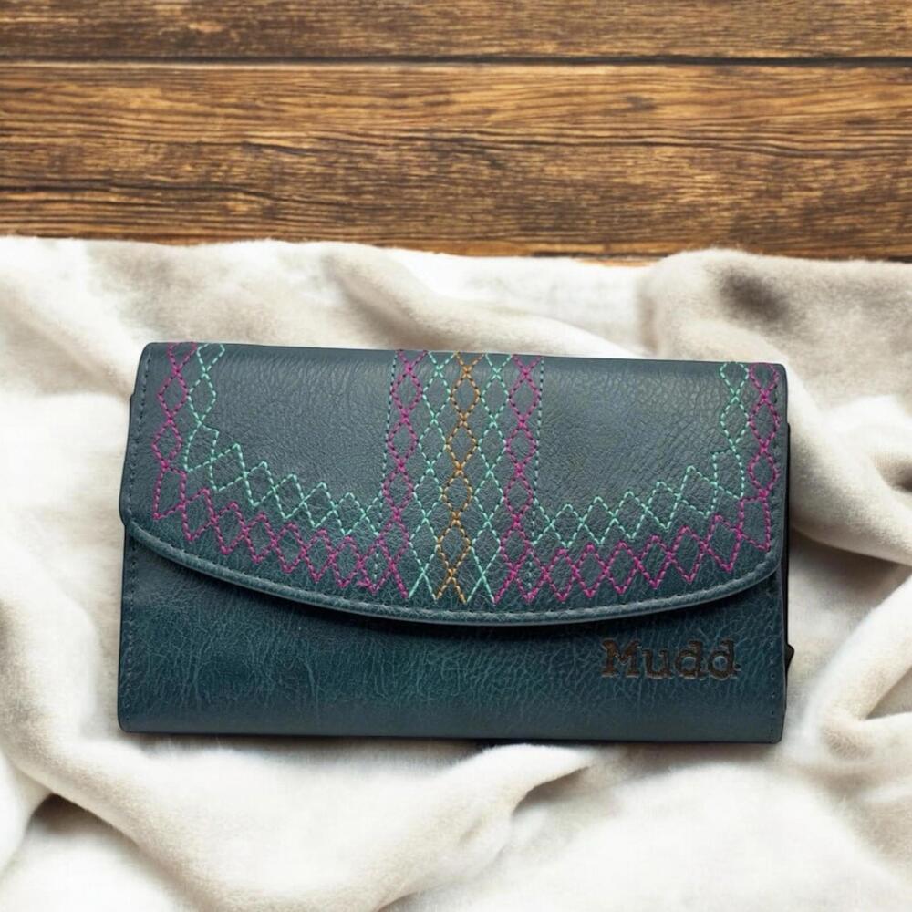 NWT Mudd Faux Leather Teal Blue Bifold Wallet Credit Card ID Holder Stitching